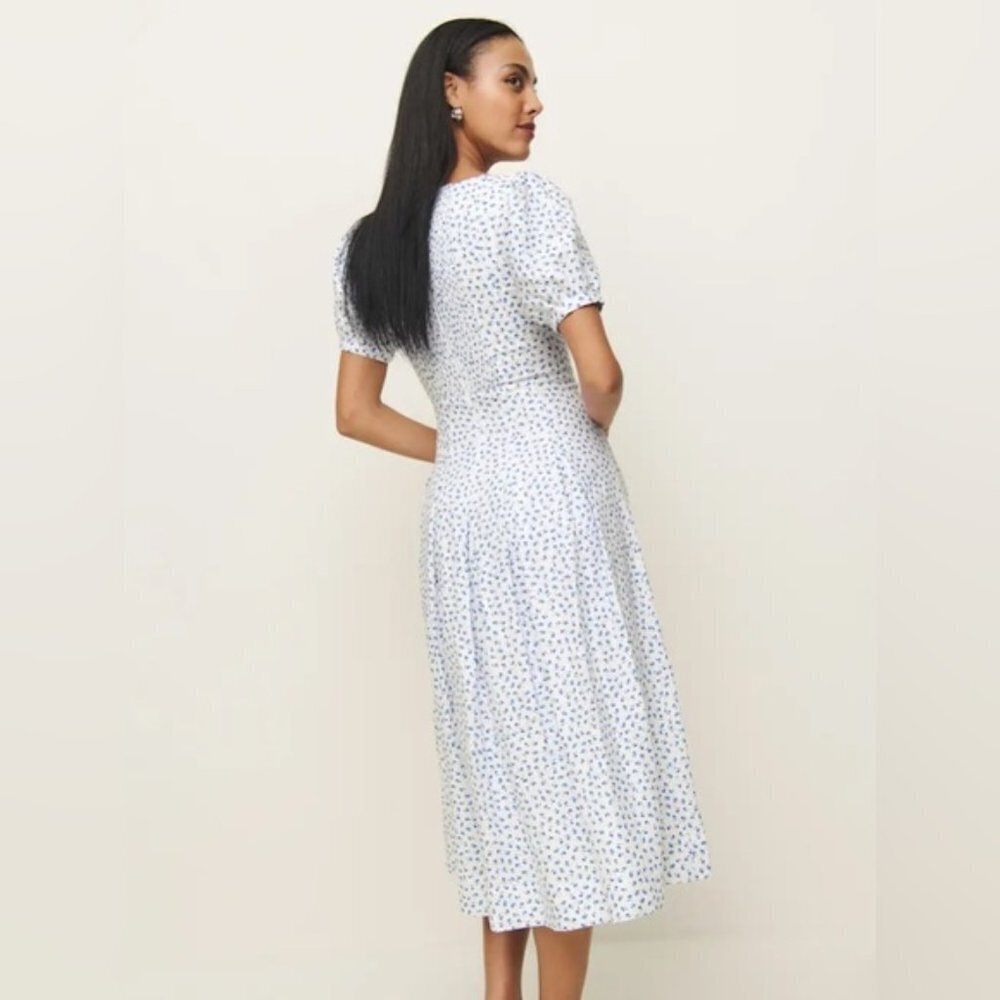 NEW Reformation Coucou Midi Linen Dress Hanna White Blue Floral | US 4 UK 8 - Picture 5 of 16